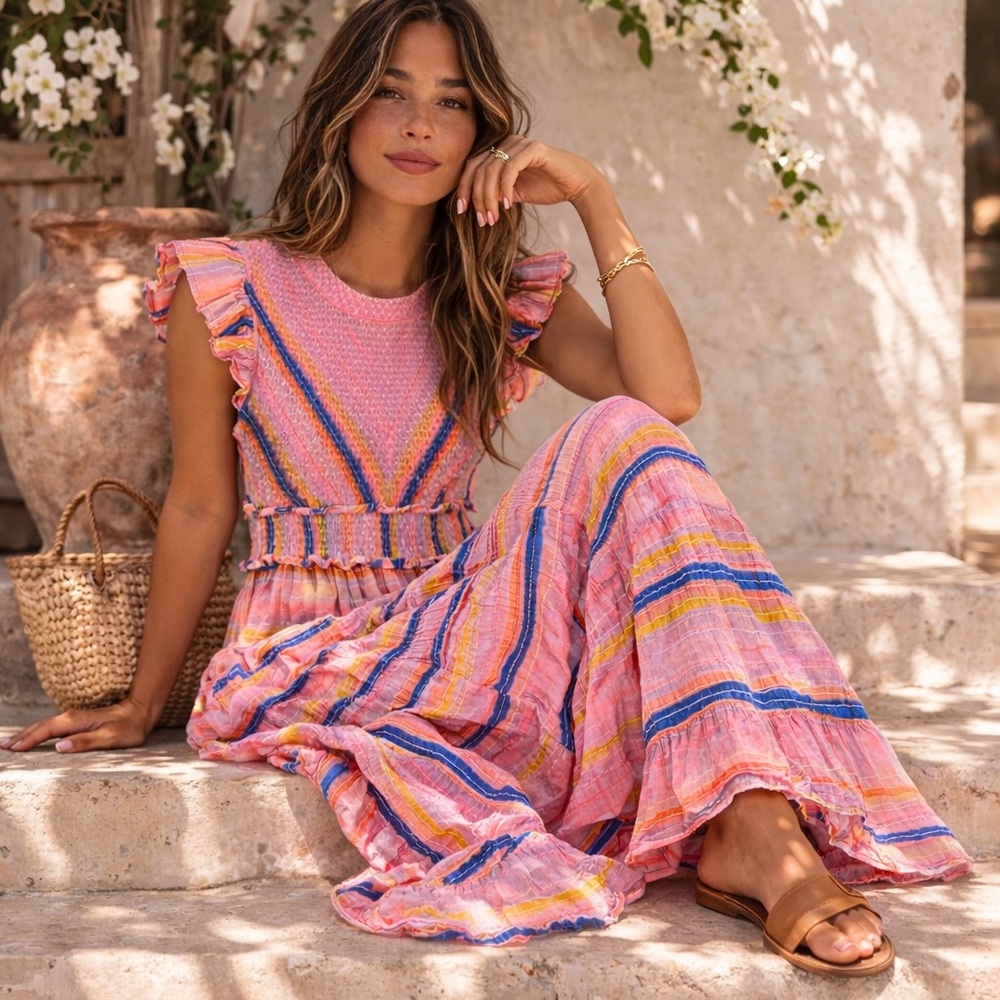 SAYLOR Pink Multicolor Striped Midi Dress